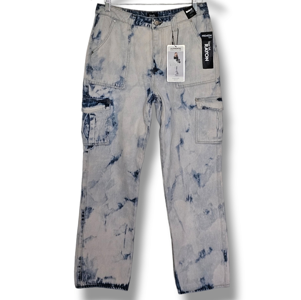 Simple Society Acid Wash High Rise Jeans Cargo Pants Baggy Womens Size 11/30 NEW